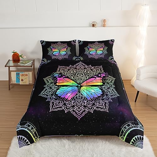 HOSIMA Butterfly Bedding for Girls,Mandala Bed in a Bag Queen Comforter Set - Colorful Butterfly Design,Galaxy Bedding Set for Beds,Microfiber Star Comforter with 2 Pillowcases,Dorm Room Essentials.