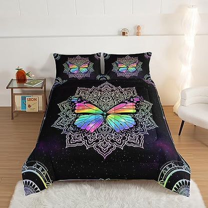 HOSIMA Butterfly Bedding for Girls,Mandala Bed in a Bag Queen Comforter Set - Colorful Butterfly Design,Galaxy Bedding Set for Beds,Microfiber Star Comforter with 2 Pillowcases,Dorm Room Essentials.