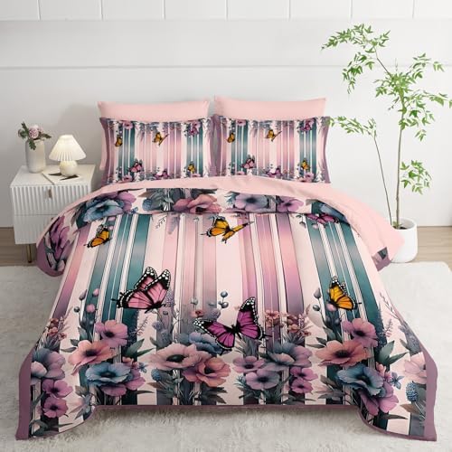 7 Piece Pink Butterfly Comforter Set Queen for Women，Butterfly Bedding Sets Queen 7 Piece，Butterfly Quilt Pattern，(1 Comforter, 1 Flat Sheet, 1 Fitted Sheet, 2 Pillowcase and 2 Pillow Sham)