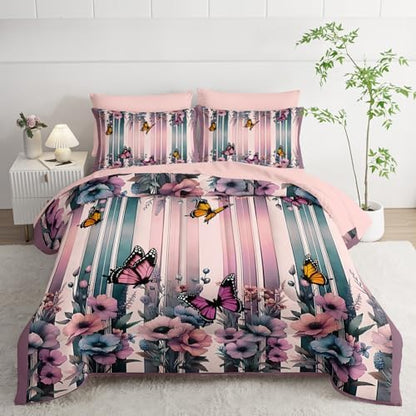7 Piece Pink Butterfly Comforter Set Queen for Women，Butterfly Bedding Sets Queen 7 Piece，Butterfly Quilt Pattern，(1 Comforter, 1 Flat Sheet, 1 Fitted Sheet, 2 Pillowcase and 2 Pillow Sham)