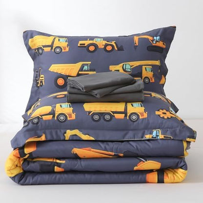 Wajade 7 Piece Construction Truck Kids Comforter Set for Boys Twin Size 3D Vehicles Excavator Cars Bedding Set for Kids Teens(1 Comforter, 1 Flat Sheet, 1 Fitted Sheet, 2 Pillowcase and 2 Pillow Sham)