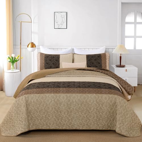 Cottolester Light Brown King Quilt Set,3 Pcs Boho Striped Plaid Bedspread