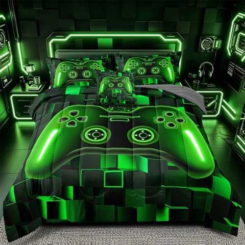 6 Pieces Queen Size Gaming Bed in a Bag for Kids, Green 3D Game Controller Comforter Set, Gamer Bedding Set for Boys Girls Teens Cool Bedroom Decor All Season Queen56