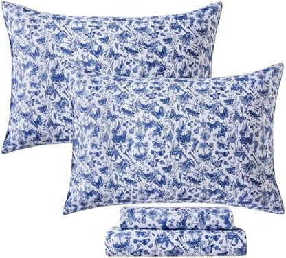 FADFAY Blue Toile Sheets Set Cal King French Country Farmhouse Bedding Vintage Butterfly Floral Bedding 100% Egyptian Cotton Soft Sheet Set with Deep Pocket Fitted Sheet 4Pcs, California King Size