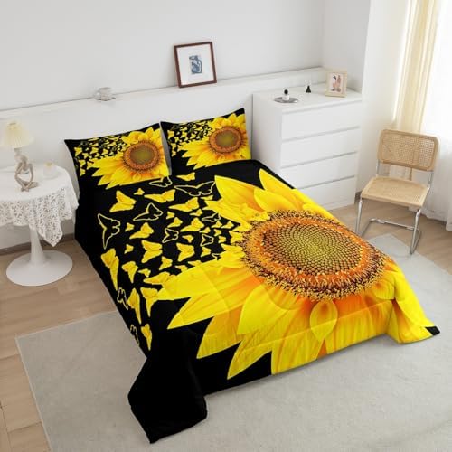 jejeloiu Sunflower Butterfly Comforter Set Twin Size Kids Floral Bedding Set for Boys Girls Teens Yellow Flowers Duvet Breathable Botanical Spring Quilt Bedroom Decor,1 Comforter with 1 Pillowcase