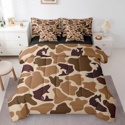 Erosebridal Pike Fish Camo Comforter Set Twin Hunter Camouflage Bedding Sets 7Pcs Wildlife Hunting Bed in a Bag Farmhouse Fishing Sheet Set with Comforter Vintage Brown Decor Outdoor Camping Gifts