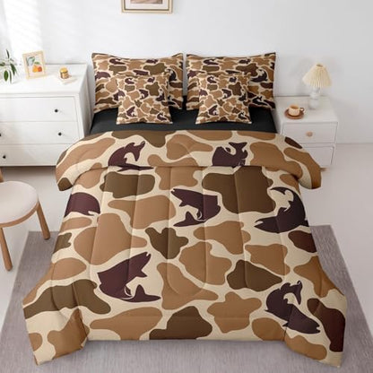Erosebridal Pike Fish Camo Comforter Set Twin Hunter Camouflage Bedding Sets 7Pcs Wildlife Hunting Bed in a Bag Farmhouse Fishing Sheet Set with Comforter Vintage Brown Decor Outdoor Camping Gifts