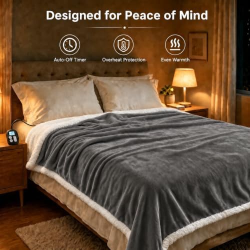 Electric Heated Blanket Twin Size 62" x 84", Soft Flannel Heating Blanket for Bed, Sofa, Bedroom, 10 Heat Settings, 1-12H Auto Shut Off, Overheat Protection, Machine Washable, Light Grey