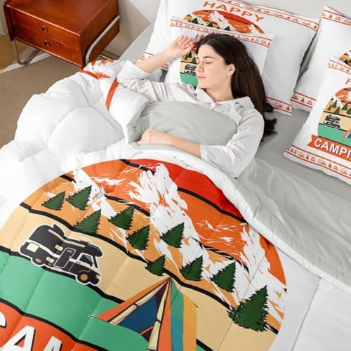 Erosebridal Camper Decor Comforter Set with Sheets Happy Camping King Size 7 Piece Bedding Set Rv Travel Trailer Bed in A Bag for Kids Teens Adult Bedroom Vintage Rustic Farmhouse Bed Sets, Orange