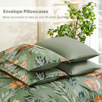 Luxudecor Floral Comforter Set King Bed in a Bag Set,7 Pieces Green Floral Comforter and Sheet Set,Soft Microfiber Bedding Sets for All Seasons (Green,104"X90")