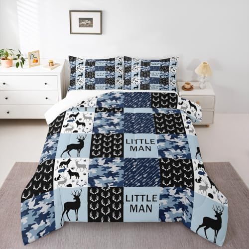 Manfei Camo Deer Antlers Comforter Set Twin,Geometric Checks Patchwork Bedding Set 2pcs for Kids Teens Boys Adults Room Decor,Boho Arrow Animals Quilt Set,Blue Xmas Duvet Insert with 1 Pillowcase
