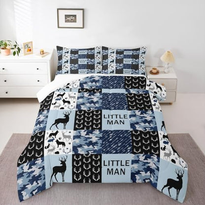 Manfei Camo Deer Antlers Comforter Set Twin,Geometric Checks Patchwork Bedding Set 2pcs for Kids Teens Boys Adults Room Decor,Boho Arrow Animals Quilt Set,Blue Xmas Duvet Insert with 1 Pillowcase