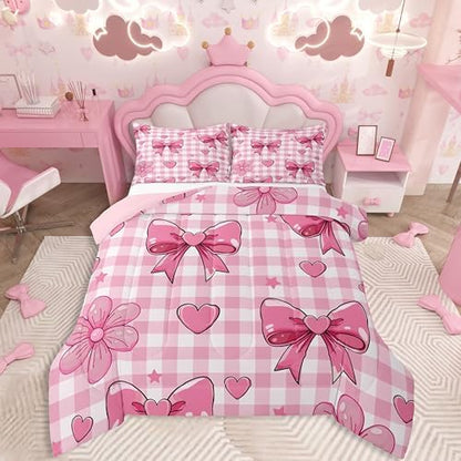 jejeloiu Bowknot Comforter Set King Size Checkerboard Bedding Set for Kids Boys Girls Pink Bow Duvet Quilt Plaid Bedroom Decor Microfiber 3 Pcs with 2 Pillow Cases