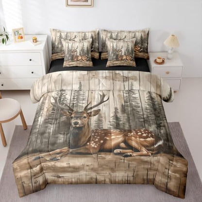 Erosebridal Jungle Deer Twin Comforter Set with Sheets 7 Piece Wild Animal Hunting Bed in A Bag Rustic Farmhouse Cabin Bedding Sets for Women Men Vintage Country Forest Wildlife Bed Set