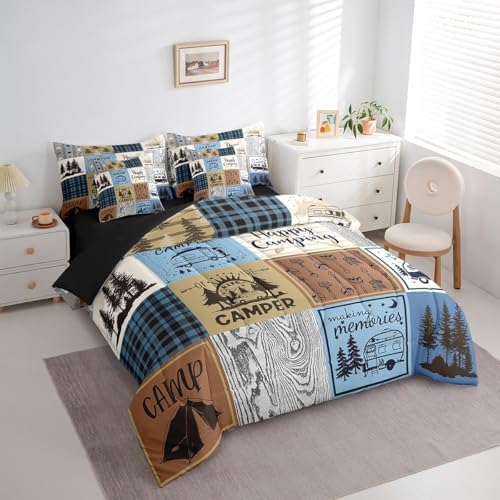 Erosebridal Happy Camping Bedding Set Queen Rv Camper Comforter Set 7 Piece for Travel Trailers Bunks,Rustic Buffalo Plaid Pine Trees Camper Car Decor Bed in A Bag Rv Accessories for Inside Bed Set