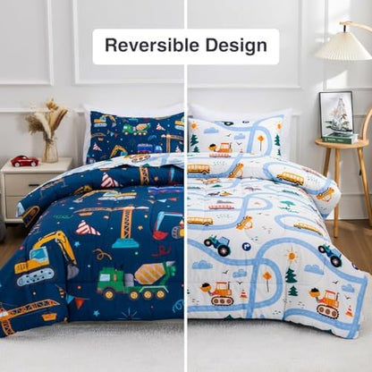 Holawakaka Trucks Tractors Cars Boy Bedding Comforter Set with Sheets, Full Size Cartoon Construction Car Excavator Print Kids Bed in A Bag 5-Piece, Boys Reversible Dorm Bed Sets (Navy Blue Full)