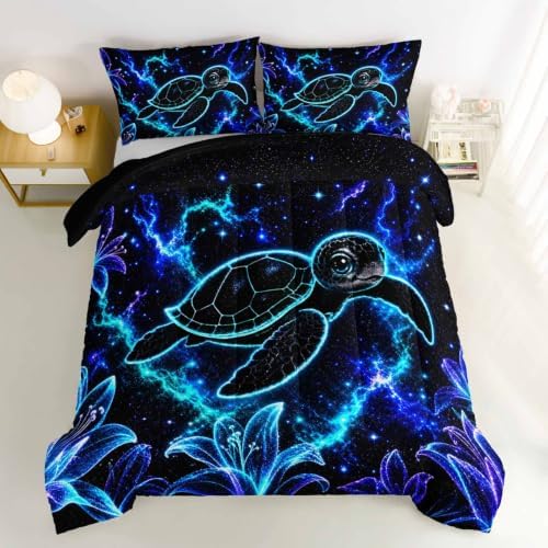 HOSIMA Neon Galaxy Sea Turtle Comforter Twin for Boys with 2 Pillowcases.
