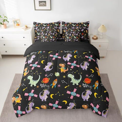 Feelyou Kids Cute Dinosaur 7 Piece Bedding Set Full Size Solar System Comforter Set with Sheets for Boys Girls Outer Space Bed in a Bag Moon Star Print Bed Set