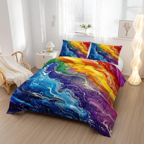 Nttopship Colorful Watercolor Comforter Tie Dye Bedding Set with 2 Pillowcase Twin Size Marbling Comforter Set for Kids Boys Girls Bedroom Decor