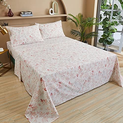 FADFAY Cotton Sheets Set Twin, Blush Pink Sheet Set Soft Girls Elegant Floral and Branches Leaves Printed Deep Pocket Fitted Sheet 4Pcs, Twin Size