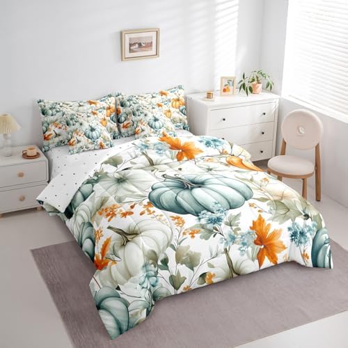 Erosebridal Fall Harvest Pumpkin Queen Comforter Set 7 Piece Maple Leaf Print Bed in A Bag with Sheets for Kids Boys Girls Adultsthanksgiving Decor Bedding Set Watercolor Bed Set