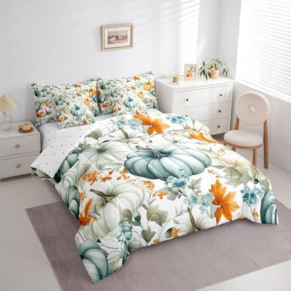 Erosebridal Fall Harvest Pumpkin Queen Comforter Set 7 Piece Maple Leaf Print Bed in A Bag with Sheets for Kids Boys Girls Adultsthanksgiving Decor Bedding Set Watercolor Bed Set