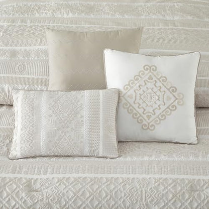 LANCO MODERN LIFESTYLE 7 Piece King Comforter Set, Beige, Elegant Jacquard with Patchwork, Stylish and Cozy Bedding Collection, Premium Bedding Set with Bedskirt, Shams and Pillows