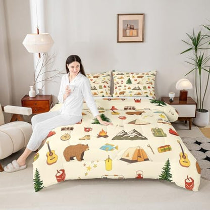 Camping Adventure Comforter Set King Size for Boys Teens Girls Kids Room Decor Cartoon Bear Tent Mountain Tree Quilt Set Outdoor Life Bedding Set 3pcs Traveling Lover Duvet Insert,2 Pillowcases