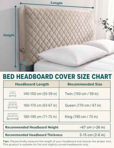 Velvet Bed Headboard Cover Slipcover - Stretch Quilted & Thicken Dustproof Protector for Queen/King, Washable Decorative Headboard Cover for Bedroom (Khaki, 59x27.5 inch)