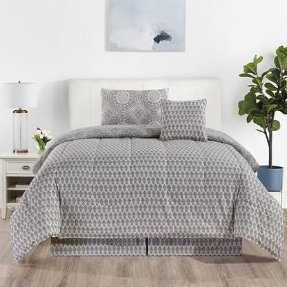 LUX Décor Reversible 4pc Twin Comforter Set, Printed Bedding Set, All-in-One Bed in a Bag, Includes 1 Comforter, 1 Pillow Sham, 1 Decor Pillow & 1 Bed Skirt (Aztec Grey,Twin)