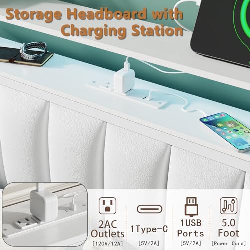 Furnulem White Full Size Bed Frame with Charging Station & LED Lights