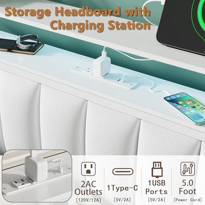 Furnulem White Full Size Bed Frame with Charging Station & LED Lights