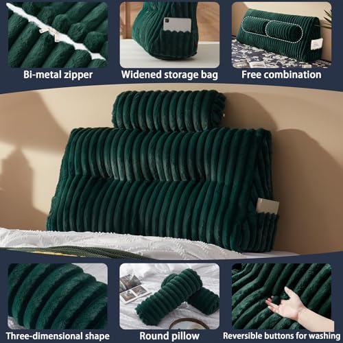 Rycwola Faux Fur Headboard Pillow with 1 Pack Neck Roll Pillow Large Headboard Pillow Soft and Supportive with Removable Cover (Green, Twin)