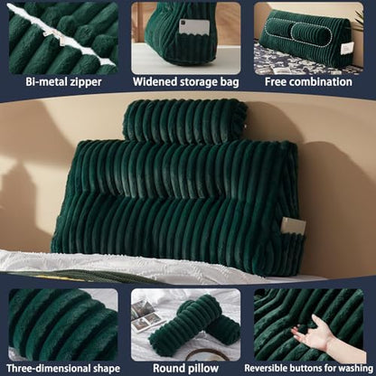 Rycwola Faux Fur Headboard Pillow with 1 Pack Neck Roll Pillow Large Headboard Pillow Soft and Supportive with Removable Cover (Green, Twin)