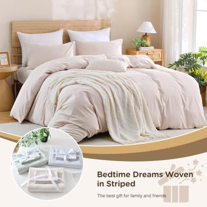 TOCOMOA Brown Striped Duvet Cover Set 100% Washed Cotton Like Linen, Queen