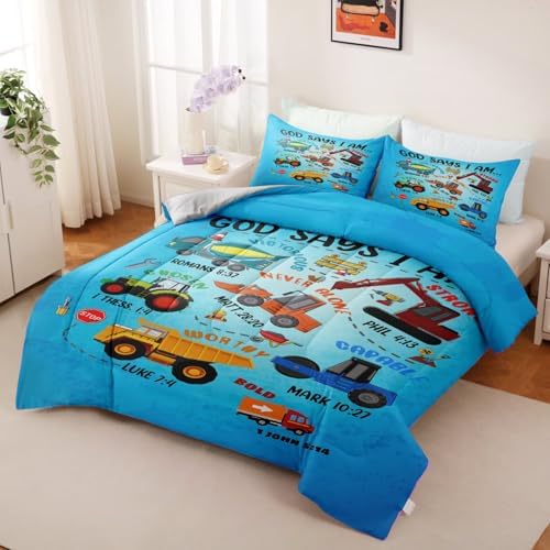 Boys Construction Vehicles Truck Comforter Set Queen,Christian Kids God Says I Am Construction Bedding Set,Car Excavator Tractor Bedroom Set（1 Comforter 2 Pillowcase） Blue