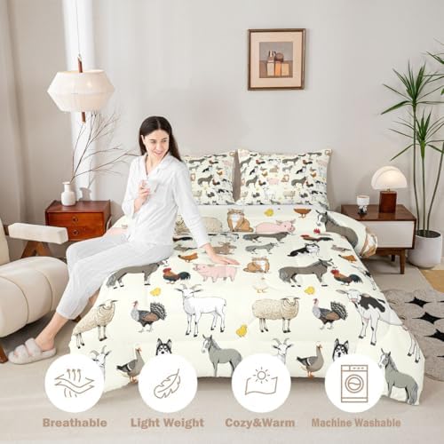 Feelyou Beige Farm Animal Comforter Set Toddler Size Cute Animal Bedding Set for Kids Boys Girls Farm Theme Duvet Quilt Cartoon Bedroom Decor 2 Pcs with 1 Pillow Cases