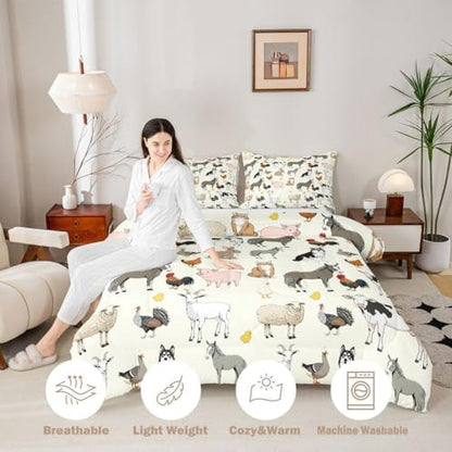 Feelyou Beige Farm Animal Comforter Set Toddler Size Cute Animal Bedding Set for Kids Boys Girls Farm Theme Duvet Quilt Cartoon Bedroom Decor 2 Pcs with 1 Pillow Cases