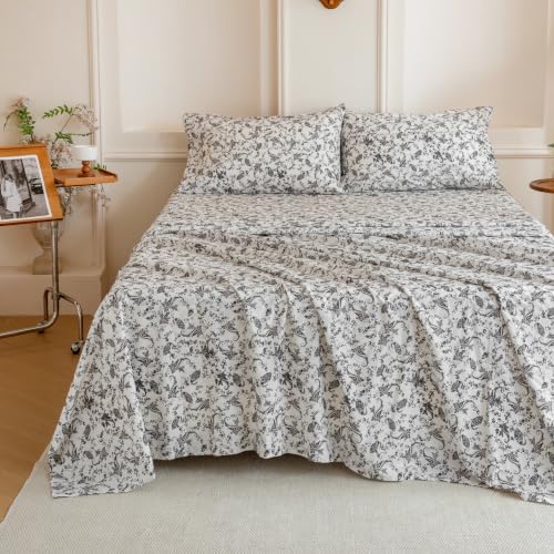 FADFAY 100% Cotton King Sheet Set, Ivory Black Paisley Floral Bed Sheets