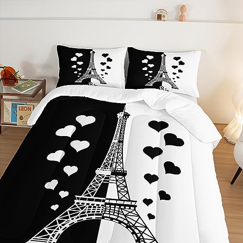 HOSIMA Black and White Stitching Love Heart Paris Bedroom Comforter Set,Eiffel Tower Modern French Style Bedroom Decor,Romantic Sweet Couple King Size Comforter with 2 Pillow Cases.