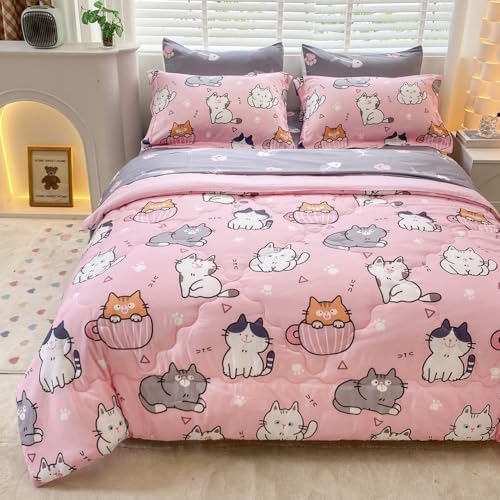 7 Piece Girls Cat Bedding Comforter Set Full Size for Kids Bed in A Bag Pink Cute Light Polyester Pet Cats Bedding Set for Teens and Young Girl