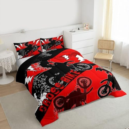 Erosebridal Full Size Dirt Bike Bedding Set Kids Motocross Comforter Set Dirtbike Room Decor for Boys Men Girls Adult,Rider Motorcycle Bed Set Cool Extreme Sports Comforter Sets 3Pcs,Red Black