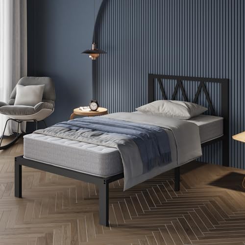 Avenco 14 Inch Twin Bed Frame with Headboard, Metal Platform Bed Frame, Twin Size Bed Frame No Box Spring Needed, Easy Assembly, Heavy Duty Slats Support, Black