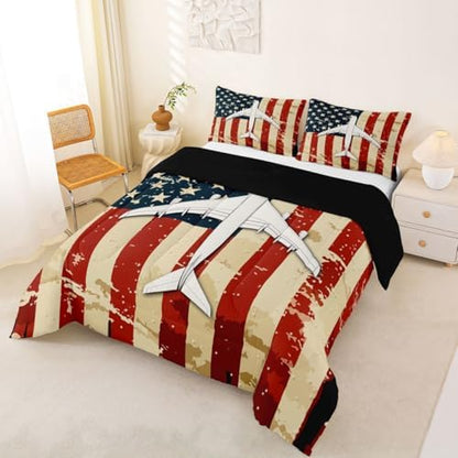 Erosebridal American Flag Airplane Bedding Set Full Military Airplane Comforter Set for Kids Boys Girls Vintage Patriotic Down Comforter Fighter Plane Quilt Duvet