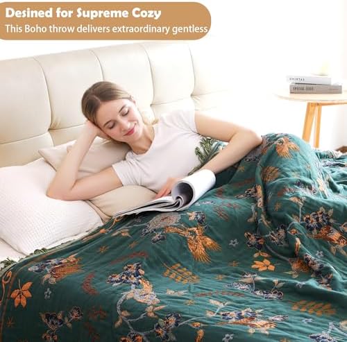 VANJOROY Boho 100% Cotton Large Throw Blanket - All Season Rustic Ultra Soft Breathable Floral Bird Blanket for Bed Sofa Couch Chair Bedspread Quilt Gift, 80" x 90"-Teal/Beige