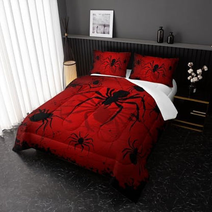 Nttopship Boys Spider Printed Comforter Set Bed in A Bag Queen Size 3PCS Red Bedding Set Cool Black Spider Comforter Set Girls Boys Kids Comforter Bedding Set with 2 Pillowcases