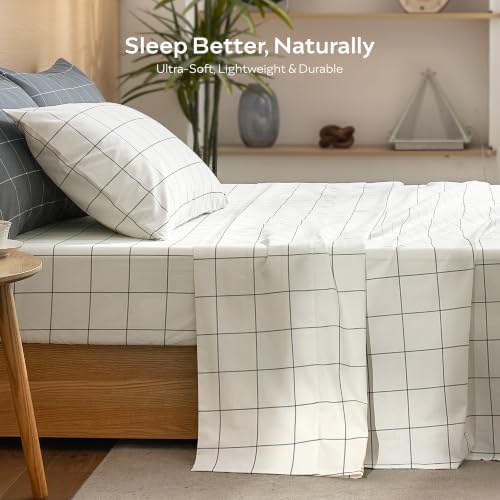 JELLYMONI 100% Cotton Sheet Set, White Plaid, Twin