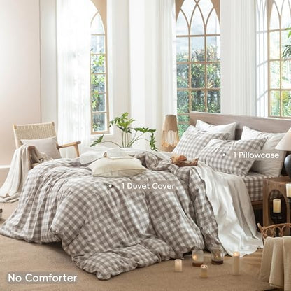 MooMee Gingham Duvet Cover Set 100% Washed Cotton Linen Like