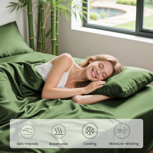Love's cabin 4 Piece Queen Sheet Set, 100% Rayon Derived from Bamboo, Cooling & Breathable, Soft Silky Deep Pocket up to 16", Hotel Luxury Bedding for Hot Sleepers, Olive Green
