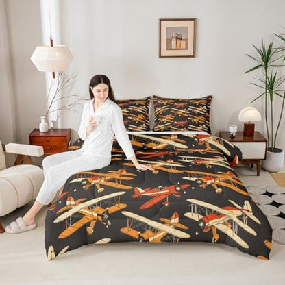 Erosebridal Cartoon Aircraft Comforter Set Toddler, Modern Airplane Bedding Set, Propeller Plane Comforter for Kids Boys Men Bedroom Decor, Aviation Theme Black Quilt with 1 Pillowcase, 2 Pcs